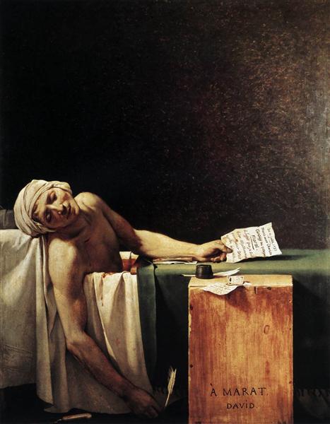 a painting of a dead man in his bathtub, holding a piece of paper that he has apparently been writing on